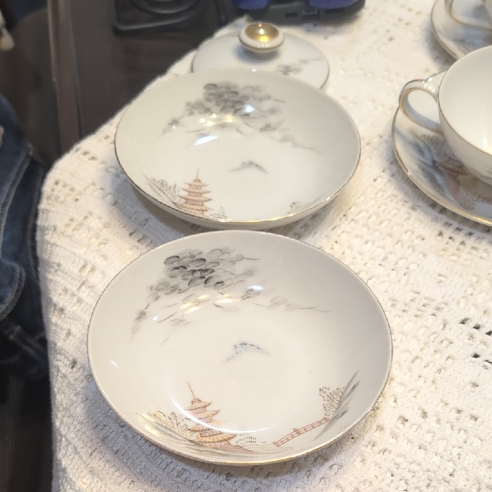 Sone China 1963 Porcelain Serving Bowls with Gold Trim and Scenic Motif - White